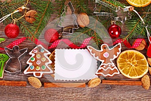 Christmas background with gingerbread cookies and decoration