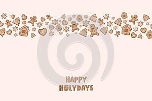 Christmas background with gingerbread cookies, gingerbread men and Christmas sweets. Happy Holidays. Vector background