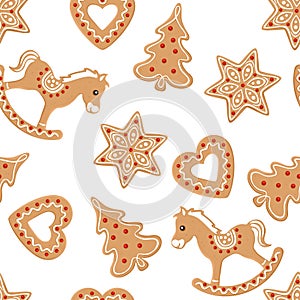 Christmas background with gingerbread cookies. Rocking horse, christmas tree, heart and stars.