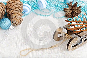 Christmas background with gingerbread and decotations photo