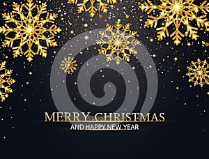 Christmas background with glitter snowflakes and falling particles. Merry Christmas and Happy New Year banner. Luxury