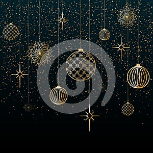 Christmas background Gold balls toys stars snowflakes glitter on a blue background Festive background for Christmas and New Year