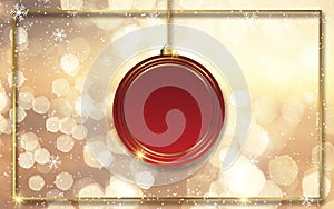 Christmas background with gold bokeh lights and hanging bauble