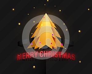 Christmas background. Gold Christmas tree pop up. Paper art. Banner, posters, cards, headers, website