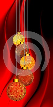 Christmas background with gold ornament on red and black wavy background.