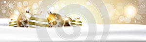 Christmas Background With Golden Balls Decoration In Snow Glitter Banner