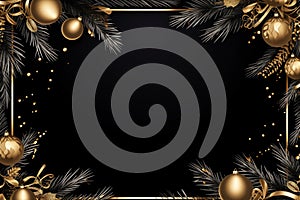 Christmas background with golden balls and fir branches on a black background. Vector illustration. Generative AI