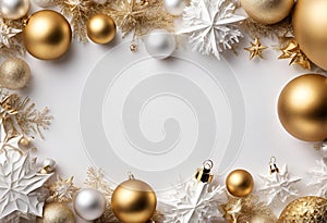 Christmas background with golden balls, white soft flower and ornaments, v16