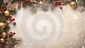 Christmas background with golden baubles, fir branches and cones created with Generative AI