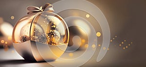 Christmas background with golden decoration, gold decorated balls and bokeh, Generative AI