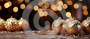 Christmas background with golden decorations, baubles and bokeh. Merry Xmas. Happy New Year. Generative Ai