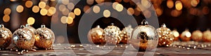 Christmas background with golden decorations, baubles and bokeh. Merry Xmas. Happy New Year. Generative Ai