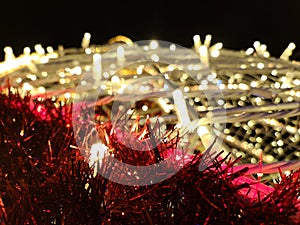 Christmas Background. Golden Holiday Abstract Glitter Defocused Background With Blinking Stars. Blurred Bokeh