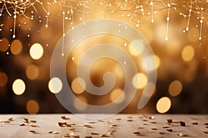 Christmas background with golden lights and bokeh effect. Copy space