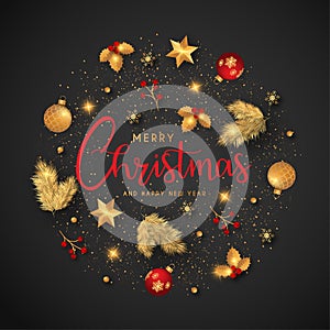 christmas background with golden red ornaments vector illustration