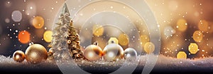Christmas background with golden and silver decorations, snow and bokeh lights. banner.