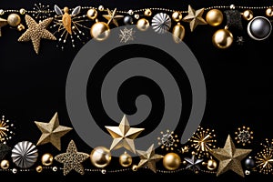 Christmas background with golden and silver decorations, stars, balls and snowflakes on black
