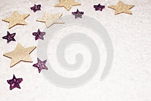 Christmas background, with golds and purple glitter stars and sn photo