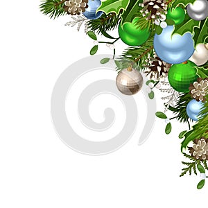 Christmas background with green, blue and silver decorations. Vector illustration.