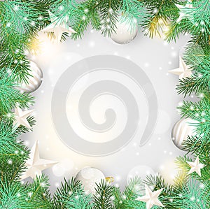 Christmas background with green branches and white ornaments