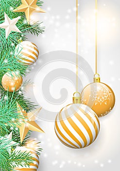 Christmas background with green branches and yellow ornaments