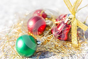 Christmas background with a green ornament, close up