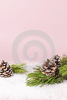 Christmas background, green pine branches, cones decorated with snow on snowy pink background. Creative composition with border