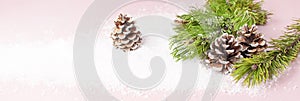 Christmas background, green pine branches, cones decorated with snow on snowy pink background. Creative composition with border