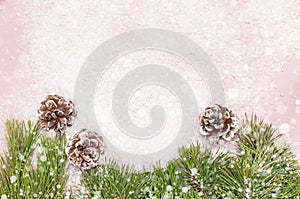Christmas background, green pine branches, cones decorated with snow on snowy pink background. Creative composition with border