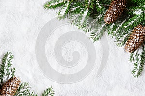 Christmas background, green pine branches, cones on snow background. Creative composition with border and copy space, top view.