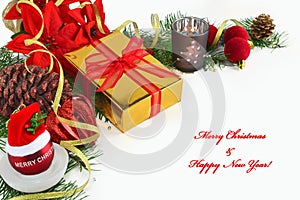 Christmas background, greeting card with baubles, poinsettia, gift, fir and decorations on white.