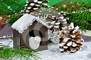 Christmas background, greeting card with white bird in bird house
