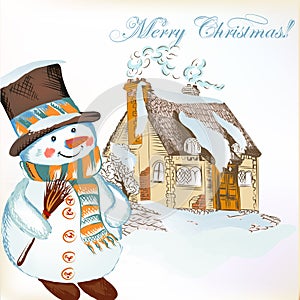 Christmas background with hand drawn snowman and little house