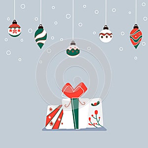 Christmas background with hanging Christmas ornaments