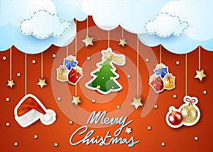 Christmas background with hanging stickers, clouds and text