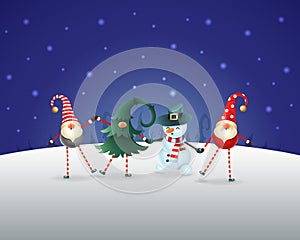 Christmas background. Happy friends three Gnomes and Snowman celebrate Christmas and New Year. Blue night winter landscape