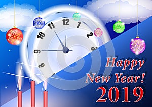 Christmas background. Happy New Year 2019 background with clock.