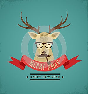 Christmas background with hipster deer and ribbon