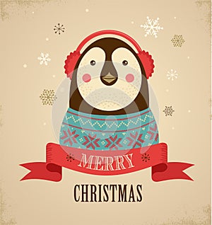 Christmas background with hipster penguin