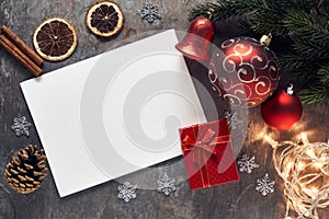 Christmas background with holiday festive decorations and copy space fors text on dark background