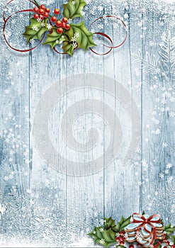 Christmas background with holly and gingerbread. Holiday greetings postcard, copy space for text