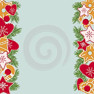 Christmas background with homemade cookies, holiday stuffed toys and fir branches