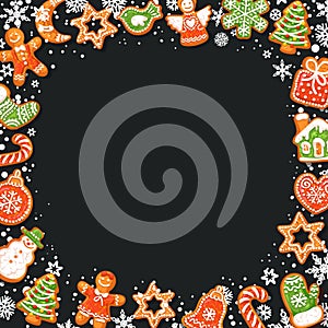 Christmas background with homemade gingerbread cookies frame on black. Place for text. Hand drawn vector illustration
