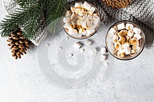 Christmas background with homemade hot chocolate, top view. Winter cocoa. New year drink. Flatlay with cocoa. Christmas