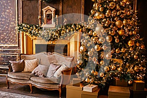 Christmas background with illuminated fir tree with golden decpration and fireplace in living room. Cozy holiday home