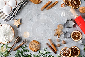 Christmas background with ingredients for making festive baked goods, cookies.