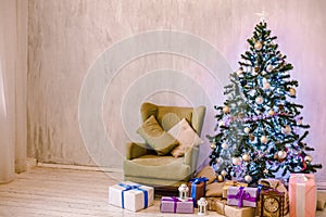 Christmas background Interior new year tree gifts winter postcard