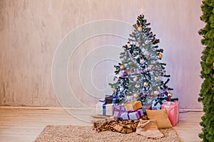 Christmas background Interior new year tree gifts winter postcard