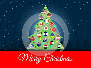 Christmas background. International Christmas tree. flags of the world. Vector