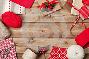 Christmas Background. Knitting And Sewing Kit
